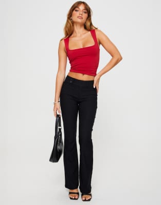 Princess Polly Kinkirk mid rise slim fit button detail flared tailored trousers in black