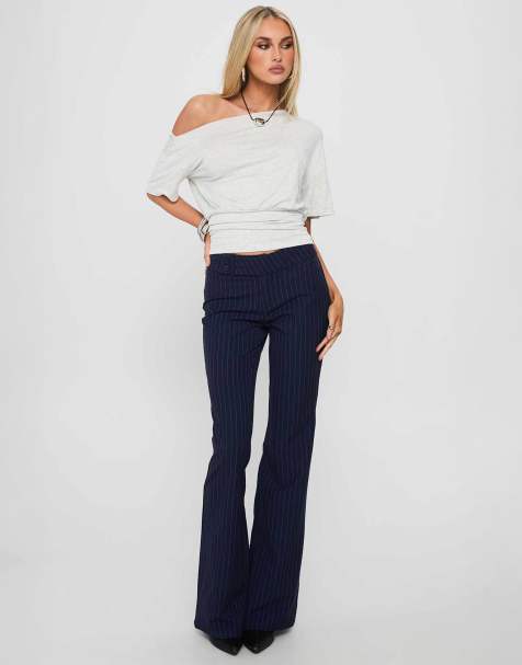 Princess Polly Kinkirk mid rise slim fit button detail flared tailored trousers in navy pinstripe
