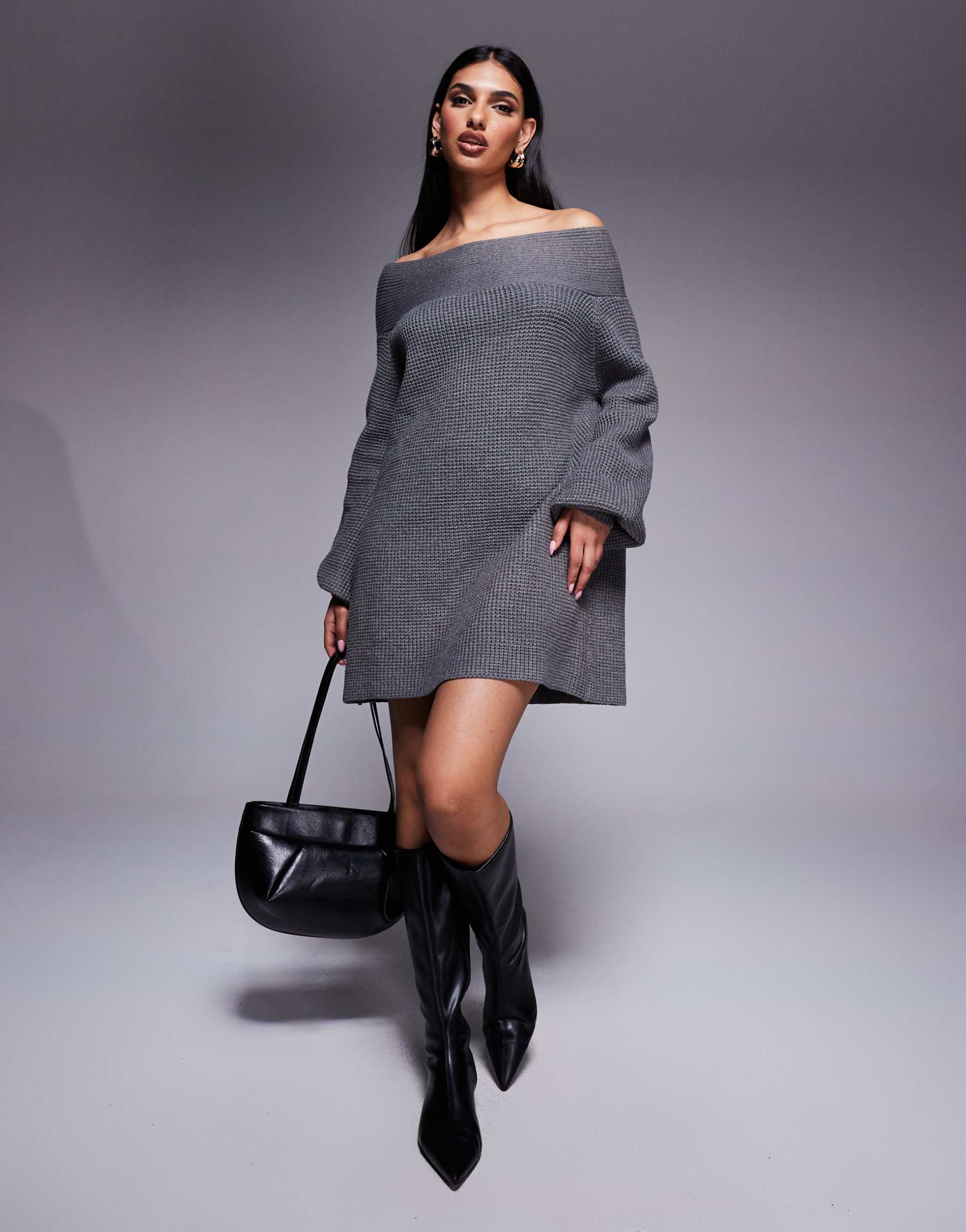princess polly knitted bardot foldover balloon sleeve mini sweater dress in gray