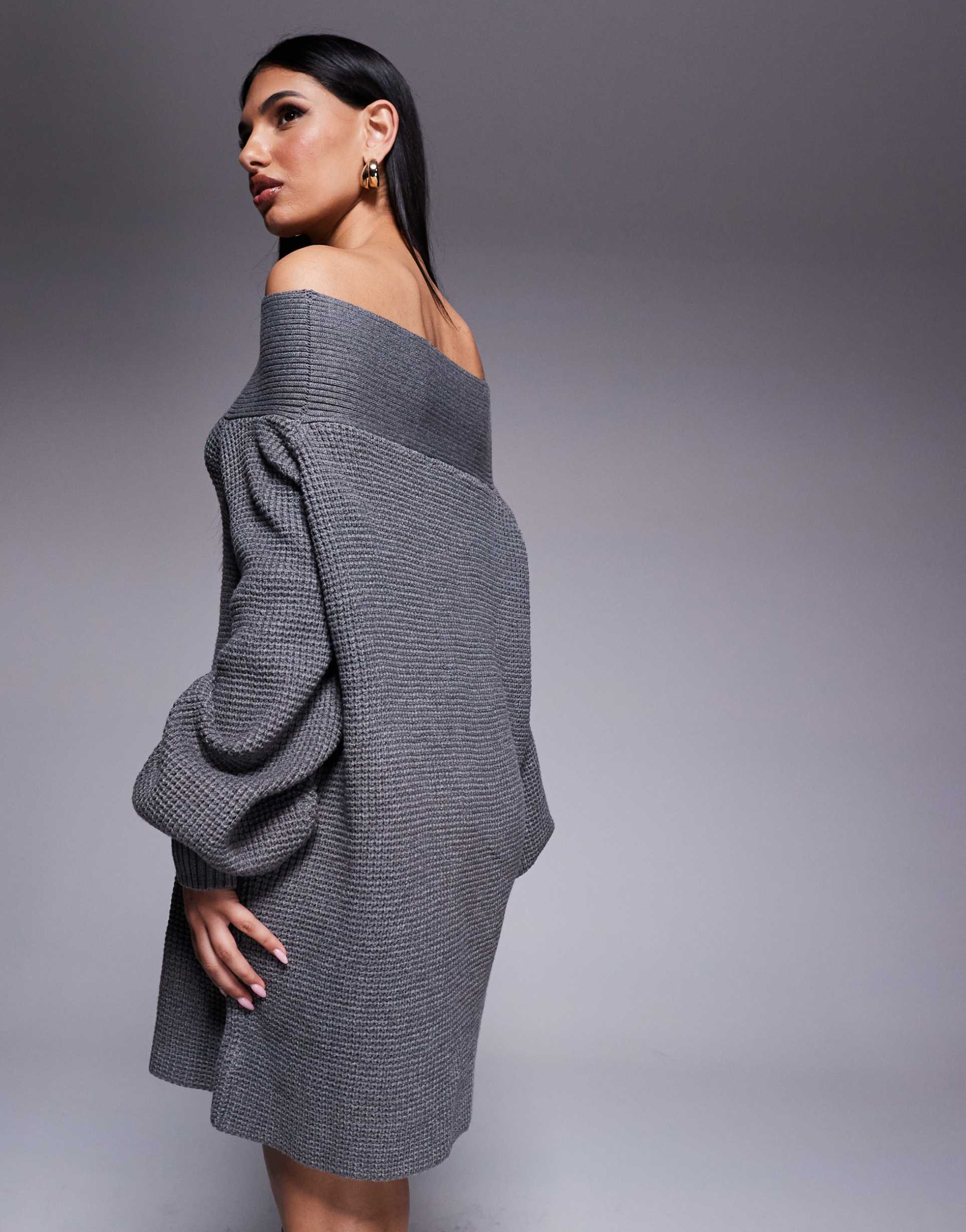 princess polly knitted bardot foldover balloon sleeve mini sweater dress in gray
