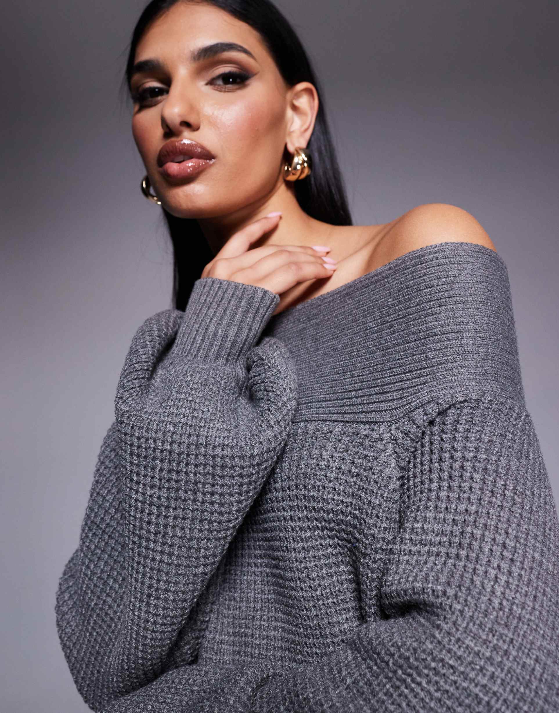 princess polly knitted bardot foldover balloon sleeve mini sweater dress in gray