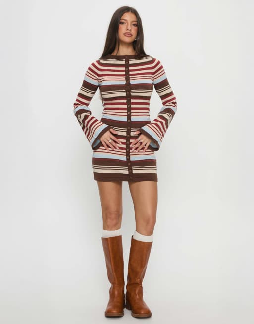 Princess Polly knitted button through mini dress in multi stripe, 4 of 4