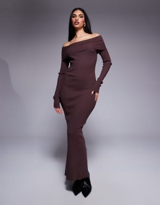 knitted extreme foldover bardot bodycon maxi dress in brown