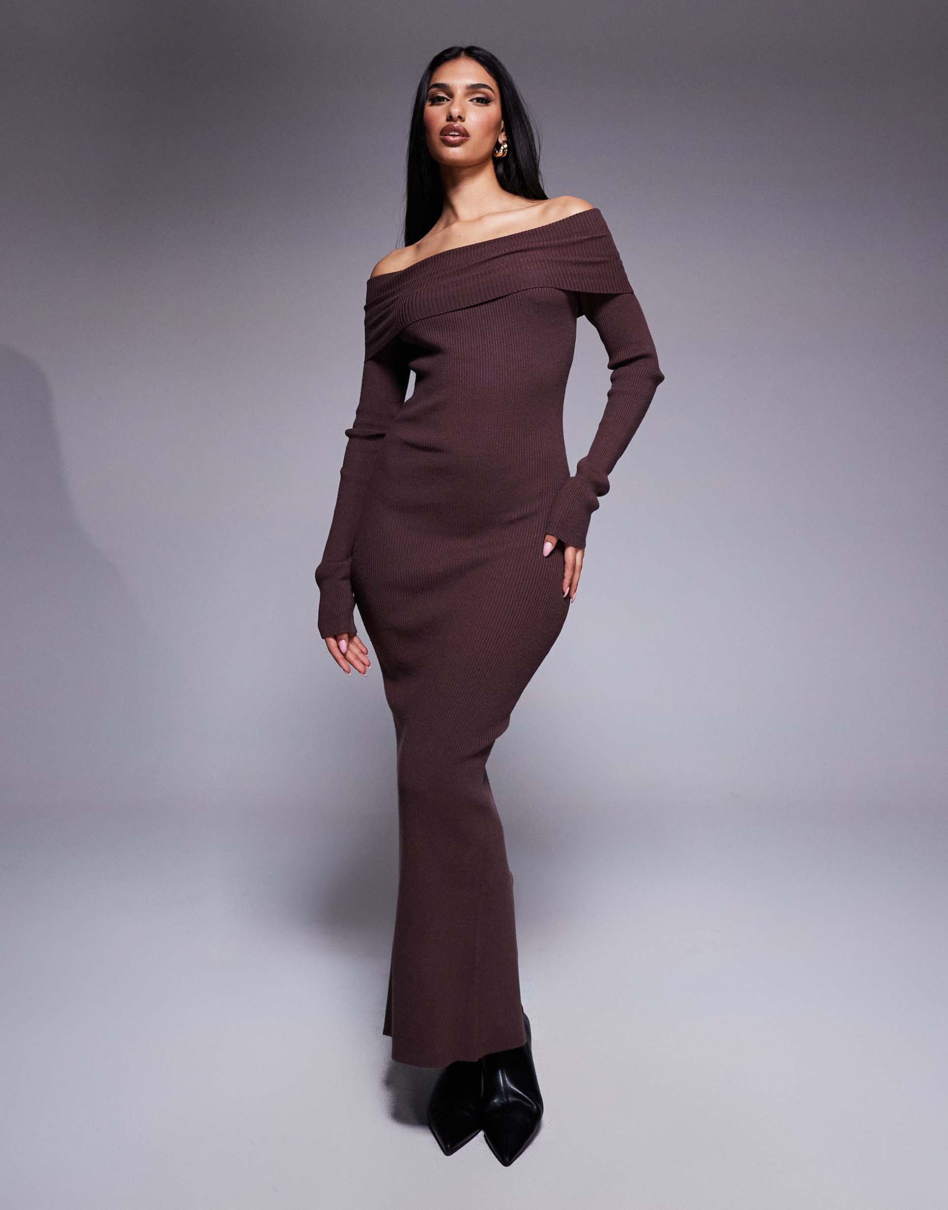 princess polly knitted extreme foldover bardot bodycon maxi dress in brown
