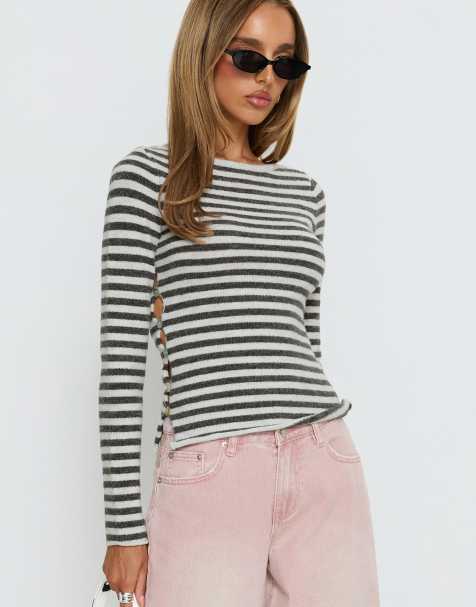 Princess Polly knitted open button side detail top in grey & white stripe