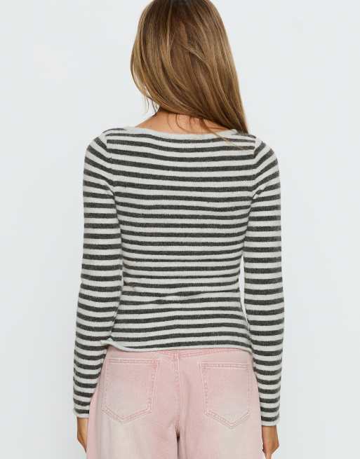 Princess Polly knitted open button side detail top in grey & white stripe, 3 of 4