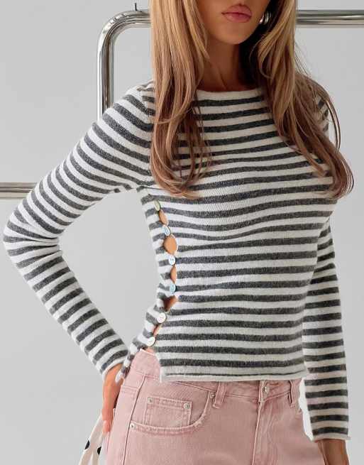 Princess Polly knitted open button side detail top in grey & white stripe, 4 of 4