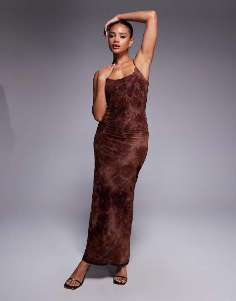 Princess Polly – Knox – Camisole-Maxikleid in Schokobraun aus floralem Dévoré mit Rückenausschnitt - view 1