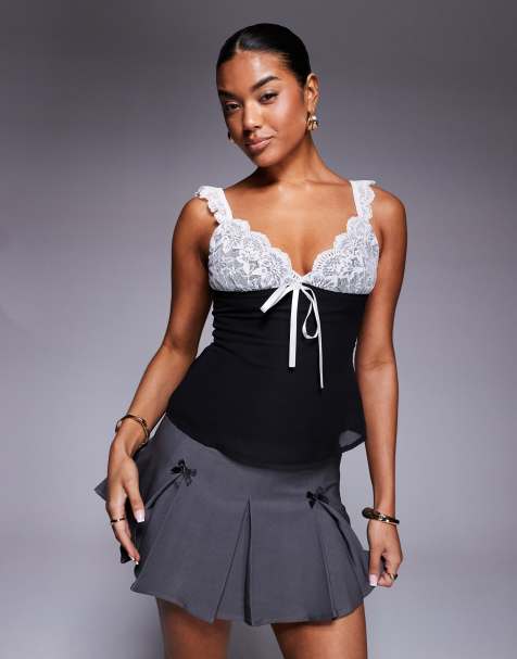 Princess Polly lace contrast bow detail top in black and white - view 1