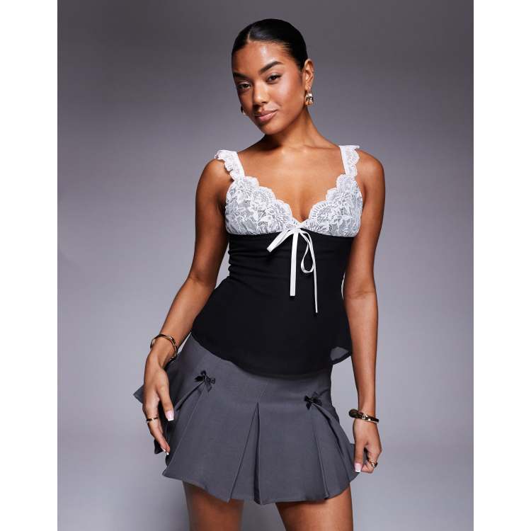 Princess Polly lace contrast bow detail top in black and white | ASOS