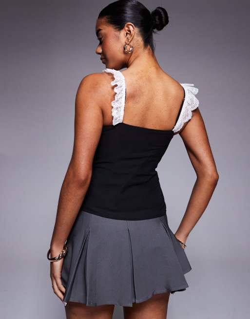 Princess Polly lace contrast bow detail top in black and white, 4 of 4