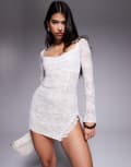 [Princess Polly] Princess Polly lace halterneck thigh split ruffle detail mini dress in white 8 WHITE