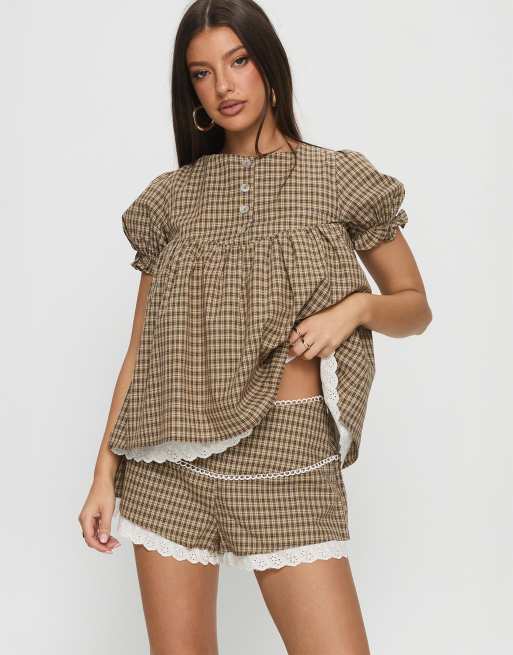 Princess Polly lace trim shorts co-ord in brown check, 2 of 4