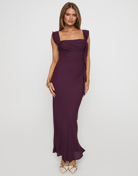 Princess Polly Lanai chiffon ruched bust ruffle drape detail maxi dress in plum - view 1