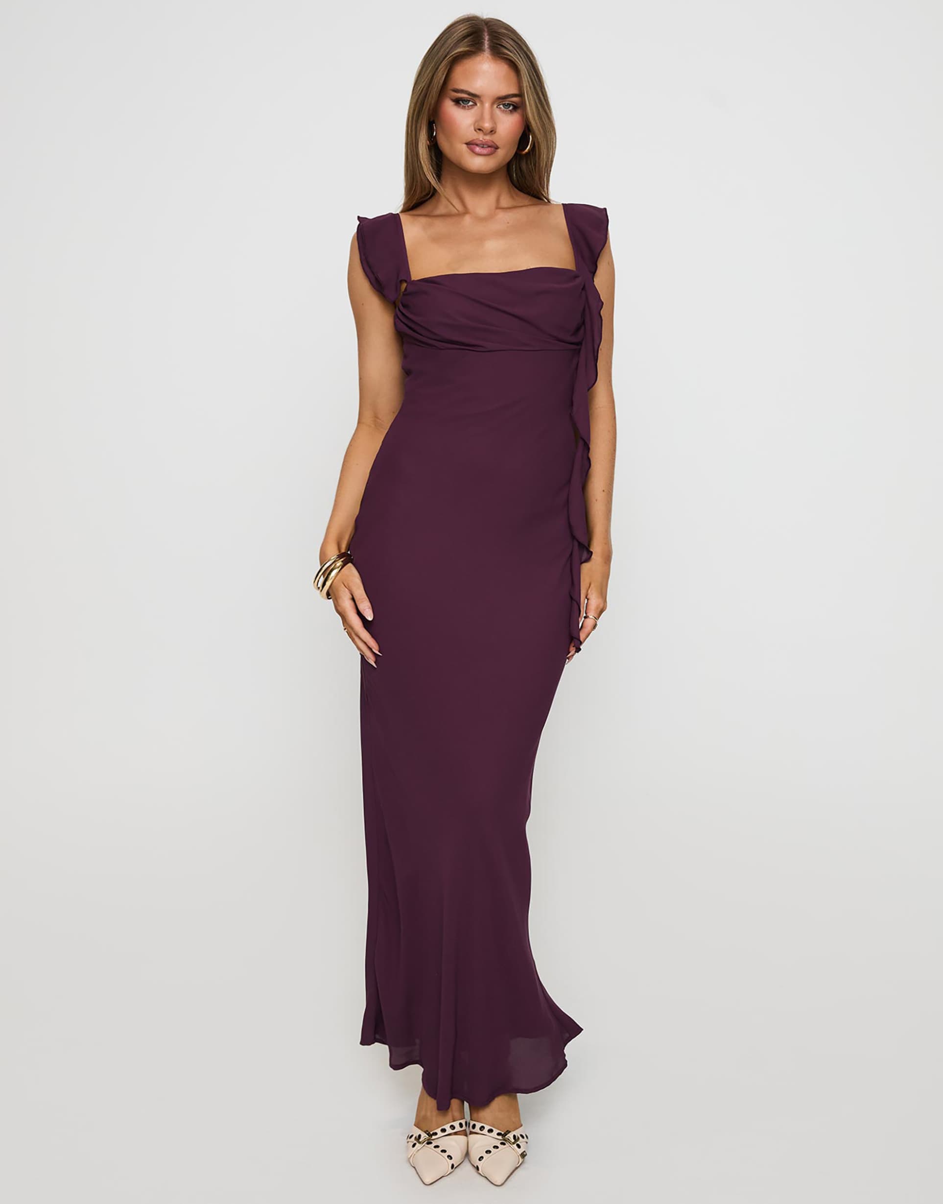 princess polly lanai chiffon ruched bust ruffle drape detail maxi dress in plum