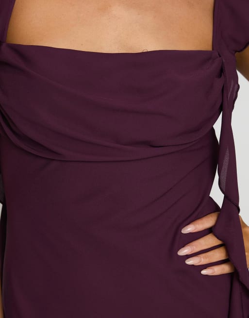 Princess Polly Lanai chiffon ruched bust ruffle drape detail maxi dress in plum, 2 of 4