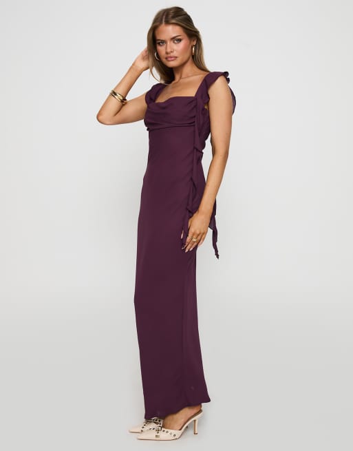 Princess Polly Lanai chiffon ruched bust ruffle drape detail maxi dress in  plum | ASOS