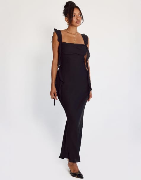 Princess Polly Lanai chiffon ruffle drape detail maxi dress in black