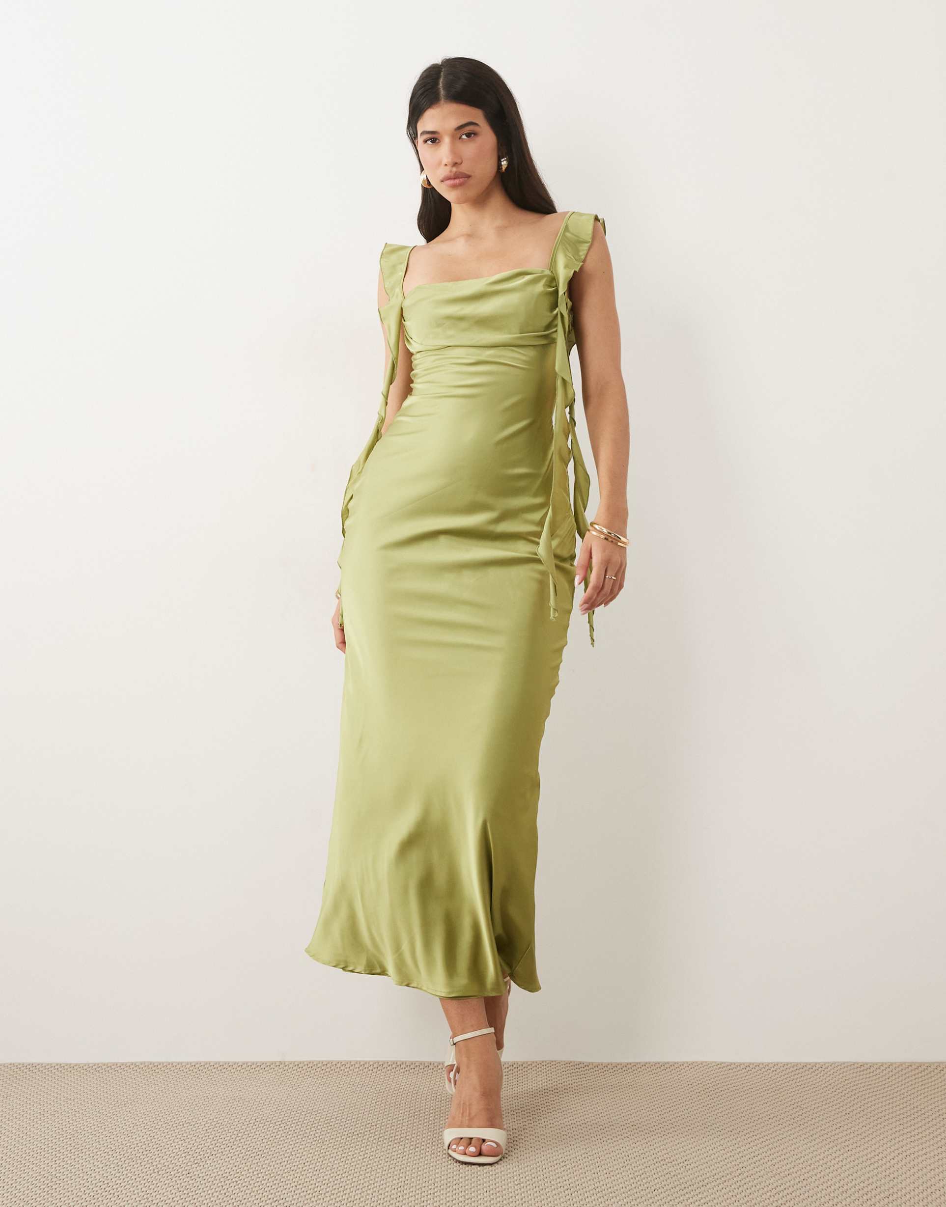 princess polly lanai satin drape detail square neck maxi dress in olive