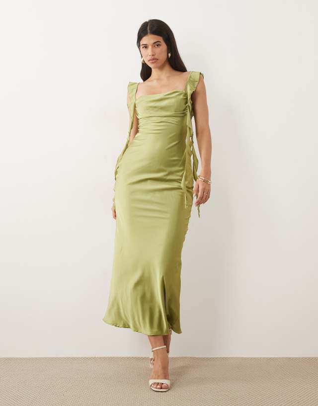 Princess Polly Lanai satin drape detail square neck maxi dress in olive