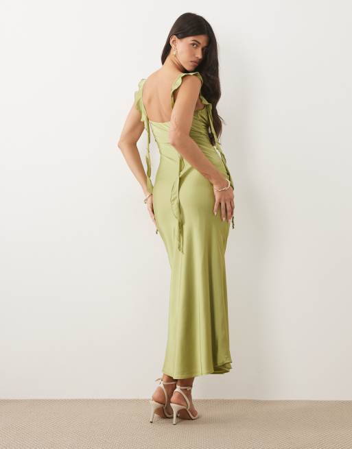 Princess Polly – Lanai – Satin-Maxikleid in Olivgrün mit Drapierung und eckigem Ausschnitt, 2 von 4