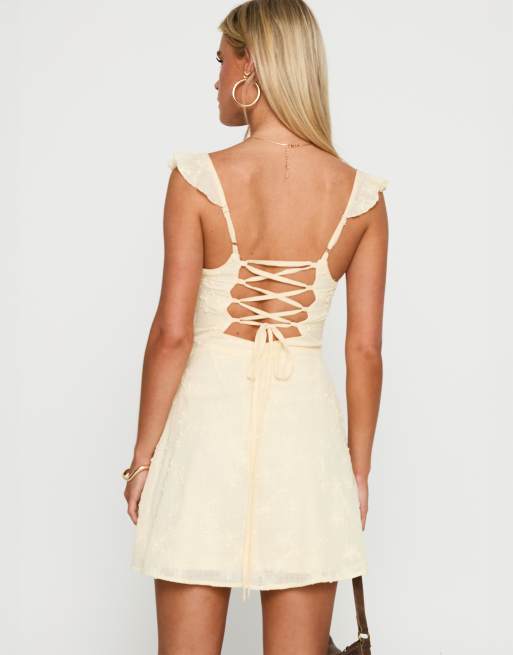 Princess Polly Landon textured floral frill sleeve lace up back detail  sweetheart neckline mini dress in lemon | ASOS