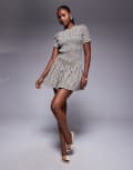 [Princess Polly] Princess Polly Laurita shirred lettuce edge hem drop waist mini dress in brown gingham 4 Brown gingham