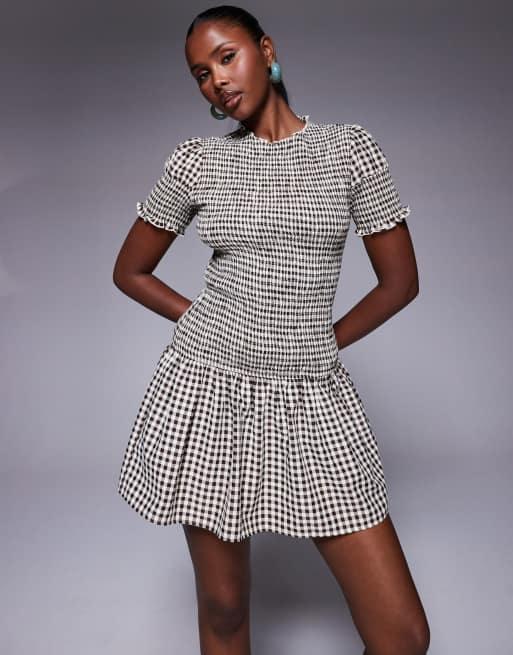 Princess Polly Laurita shirred lettuce edge hem drop waist mini dress in brown gingham