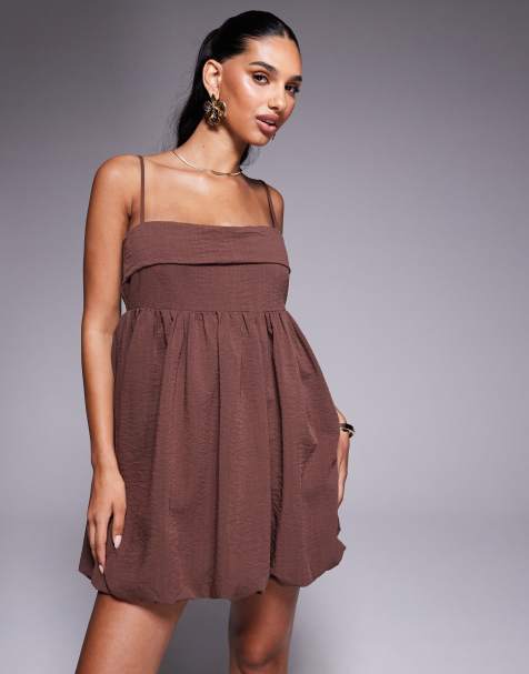 Princess Polly Layken cami fold over detail square neck puff ball mini dress in brown - view 1