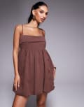 [Princess Polly] Princess Polly Layken cami fold over detail square neck puff ball mini dress in brown 6 BROWN