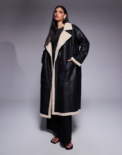 Princess Polly leather look contrast faux shearling button front longline coat in black and beige - view 1
