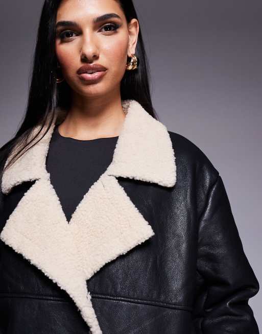 Princess Polly leather look contrast faux shearling button