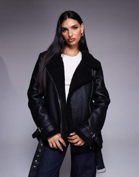 Princess Polly leather look faux shearling buckle detail aviator jacket in black - view 1