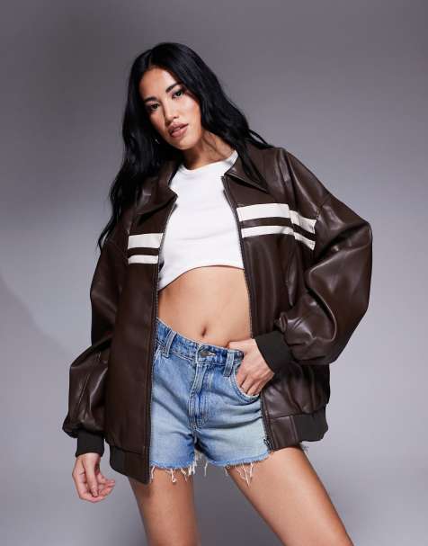 Princess Polly leather look moto jacket in chocolate - view 1