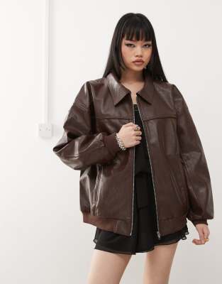 leather look oversized bomber jacket in washed brown