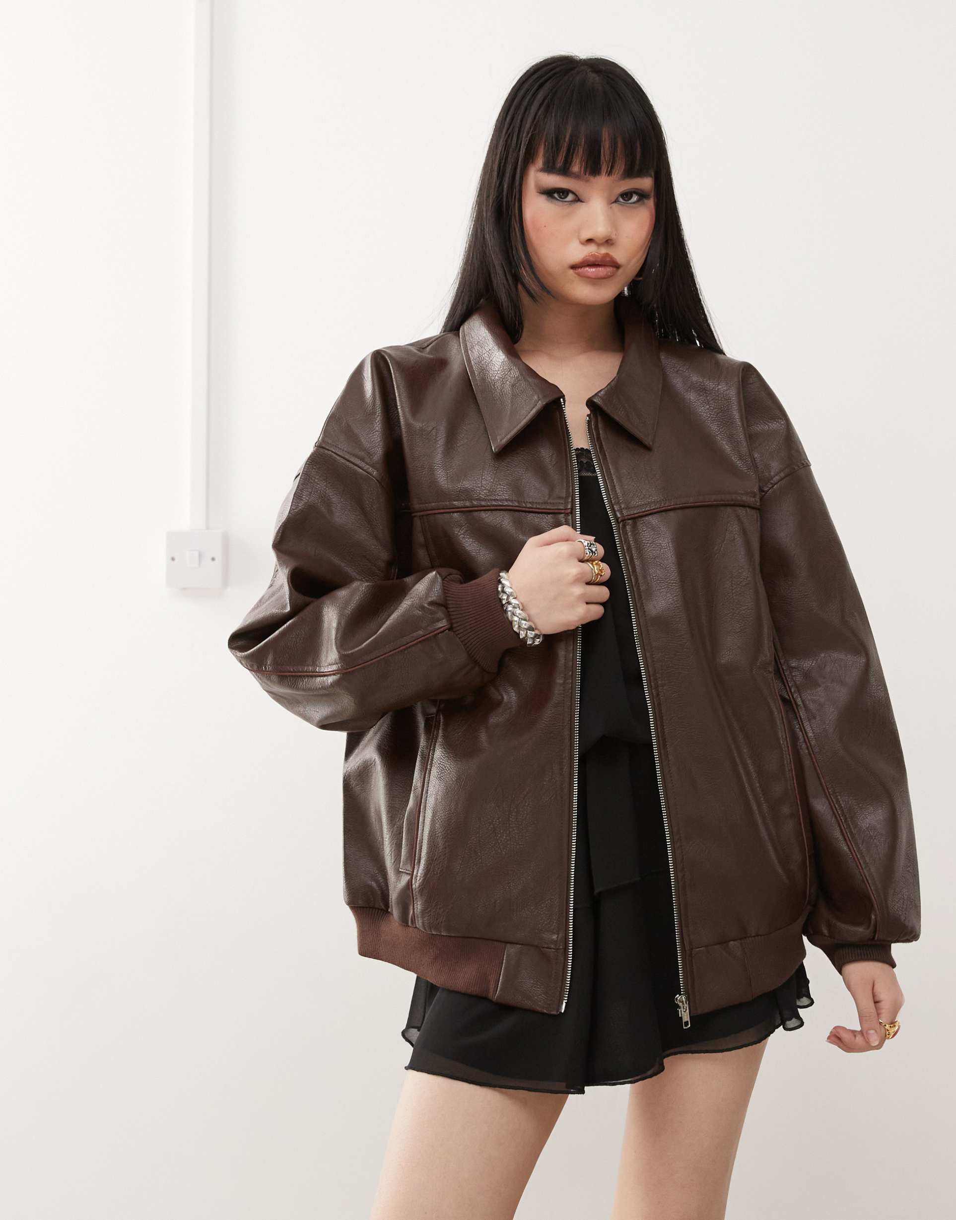 princess polly leather look oversized bomber jacket in washed brown