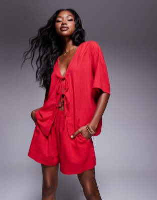 Princess Polly - Leinenmix-Komplettset in Rot aus vorne gebundenem Hemd und Shorts
