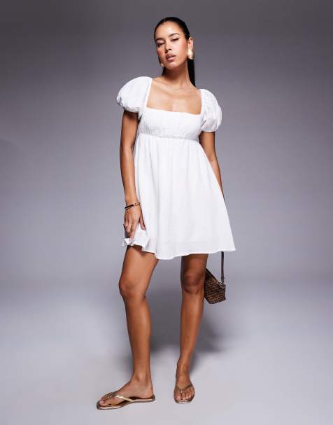Princess Polly Let's Dance cheesecloth puff sleeve open tie back mini smock dress in white - view 1