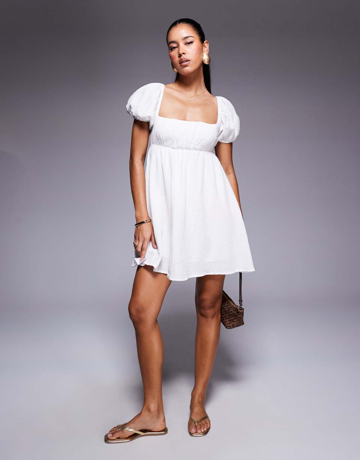Princess Polly Let's Dance cheesecloth puff sleeve open tie back mini smock dress in white