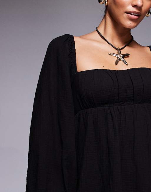 Princess Polly Let's Dance cotton linen look long puff sleeve open tie back  mini smock dress in black | ASOS