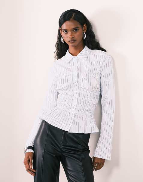 Princess Polly - Liesel - Camicia blu a righe con arricciatura e maniche a campana - view 1