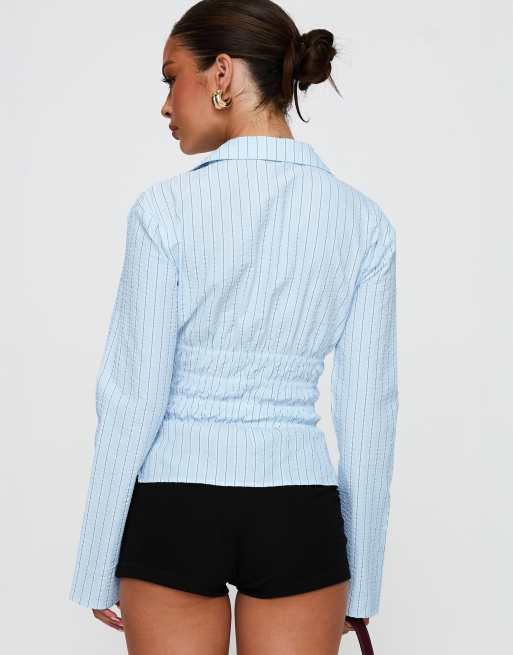 Princess Polly - Liesel - Camicia blu a righe con arricciatura e maniche a campana, 2 di 4