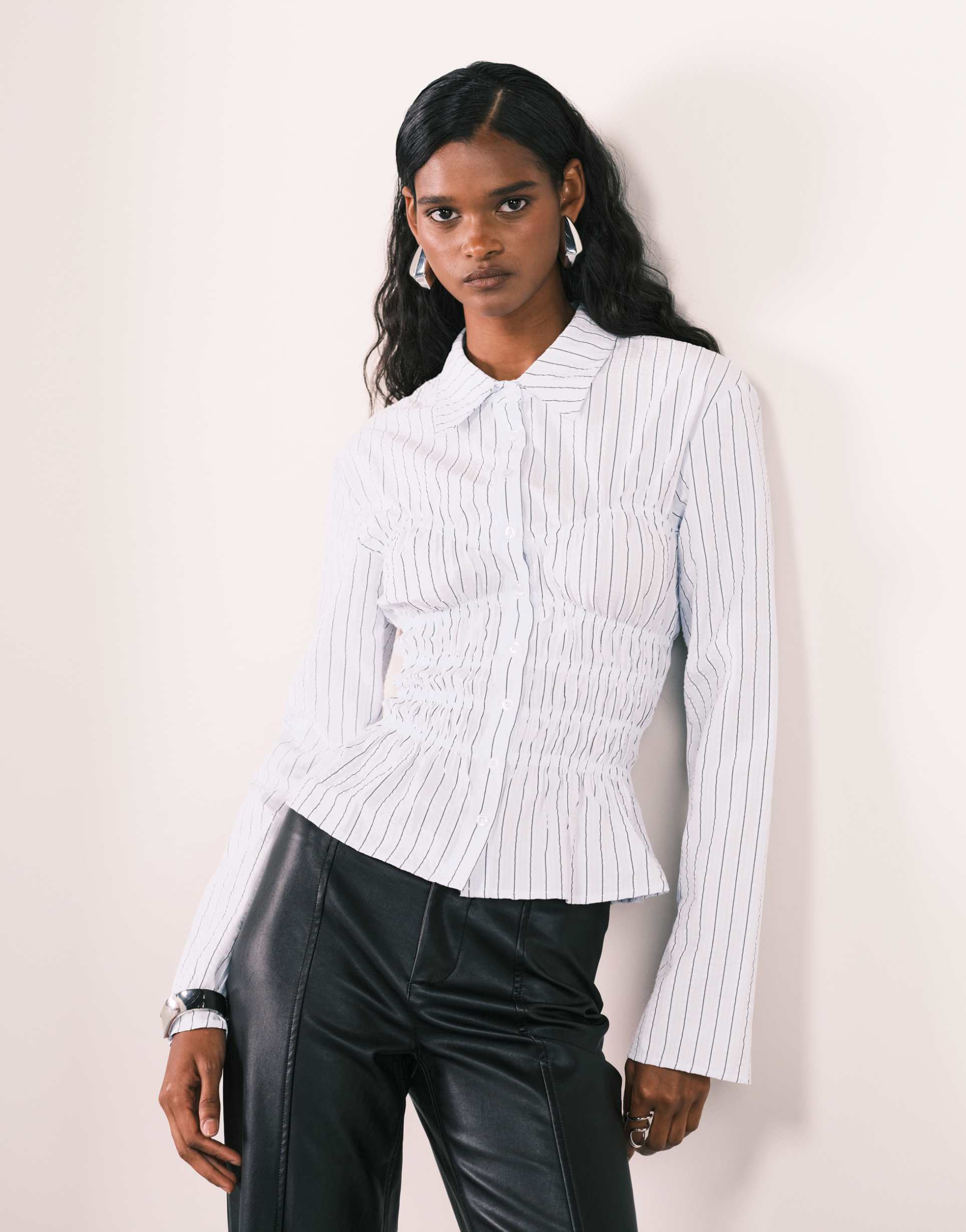 princess polly liesel flare sleeve shirred detail shirt in blue stripe