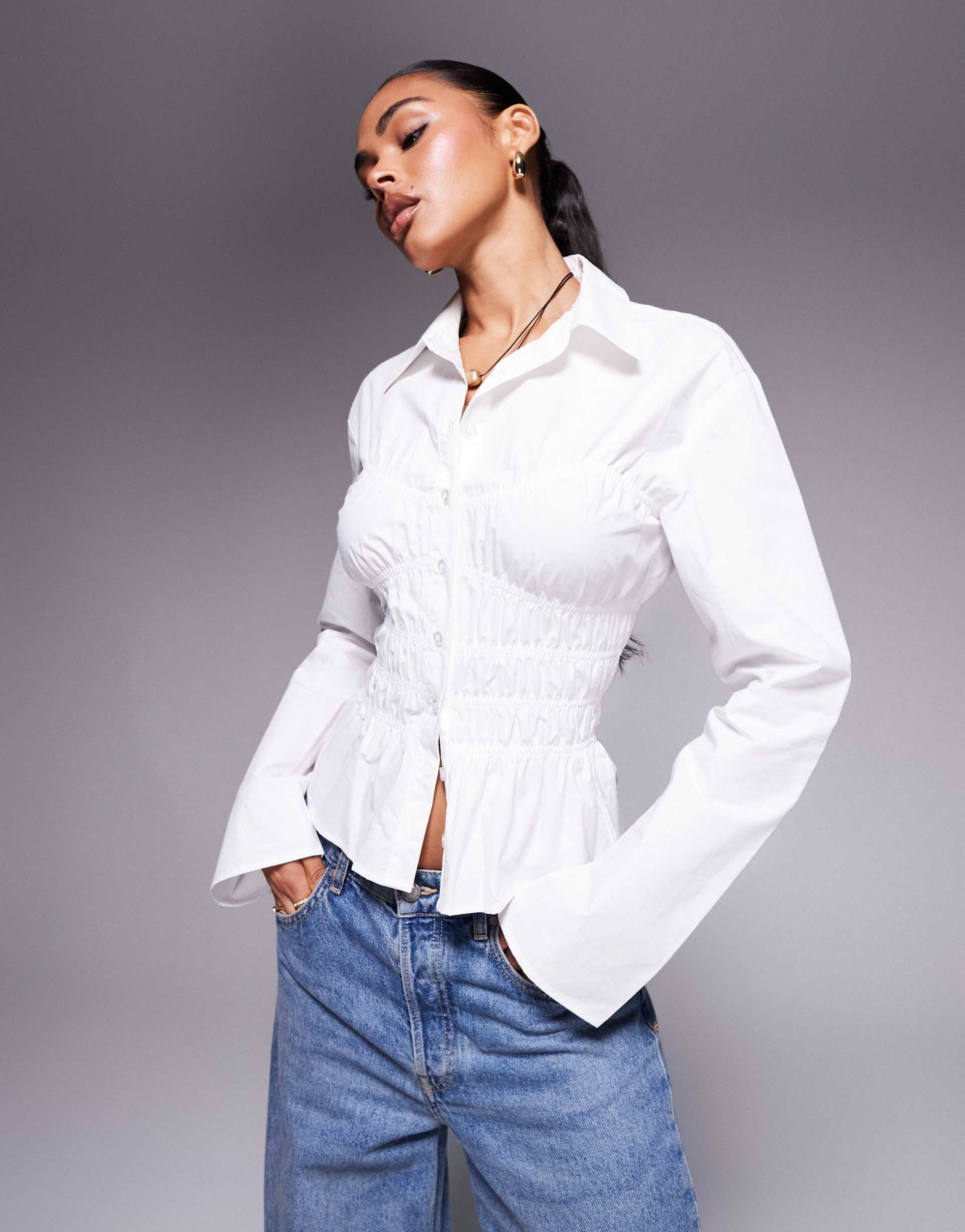 princess polly liesel shirred detail flare sleeve fitted shirt in white