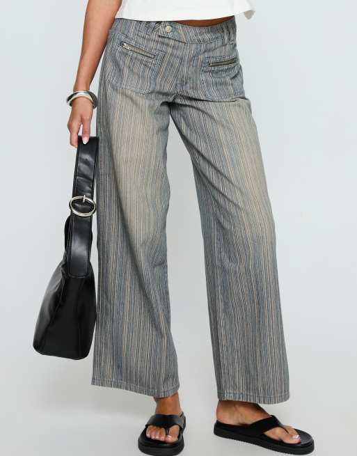 Princess Polly Lifetimes mid rise pocket front wide leg jeans in light blue stripe, 2 of 4