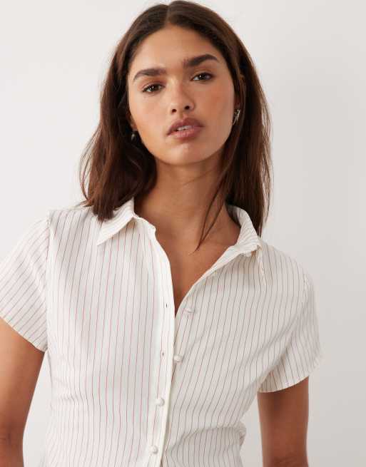 Princess Polly - Lift Off - Camicia aderente bianca e rossa a righe con bottoni, 4 di 4
