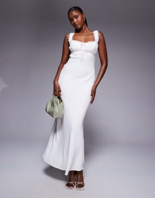 Lillette linen blend lace trim tie front open tie back maxi dress in white