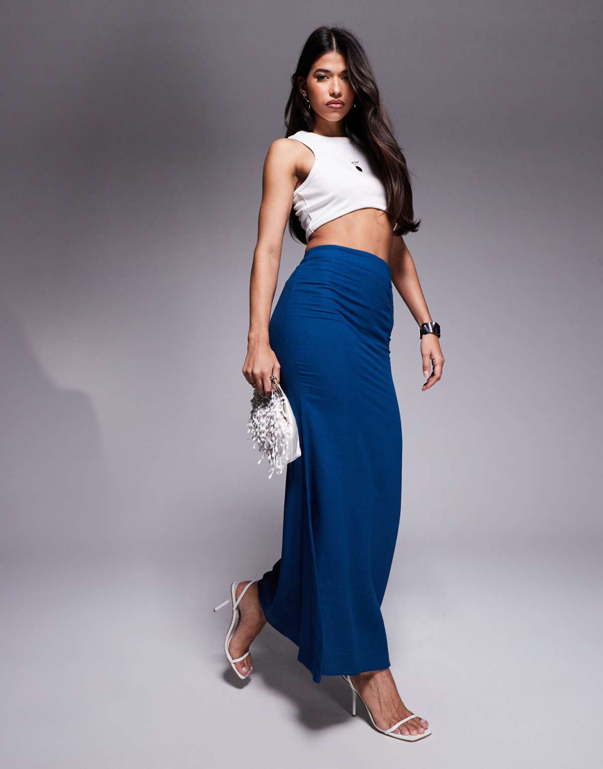 Princess Polly linen blend fishtail maxi skirt in navy
