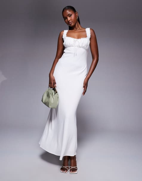 Princess Polly linen-blend lace-trim tie-front open-tie-back maxi dress in white - view 1