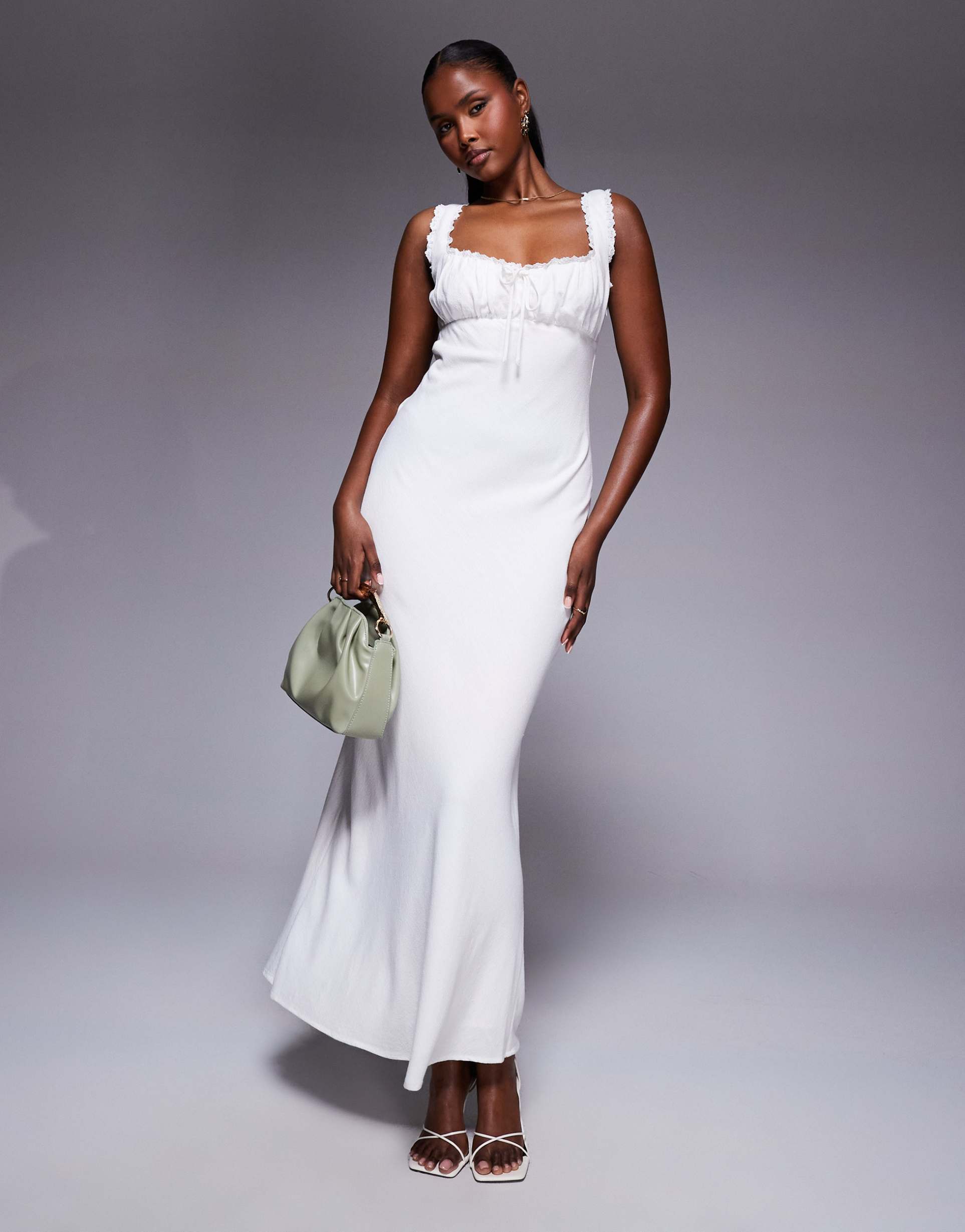 princess polly linen blend lace trim tie front open tie back maxi dress in white